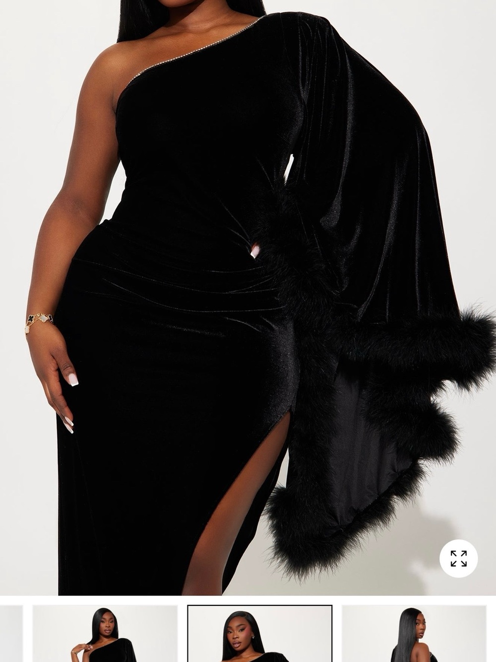 One-Shoulder Black Velvet Evening Dress with Feather Trim